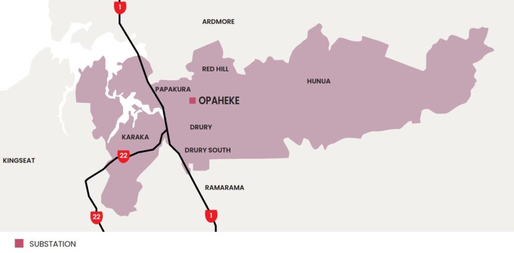 Map showing Opaheke substation network coverage area